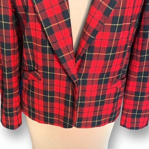 Vintage Petite Blazer Jacket Tailored Red Black Tartan Plaid Velvet Preppy 12 - Picture 3 of 9